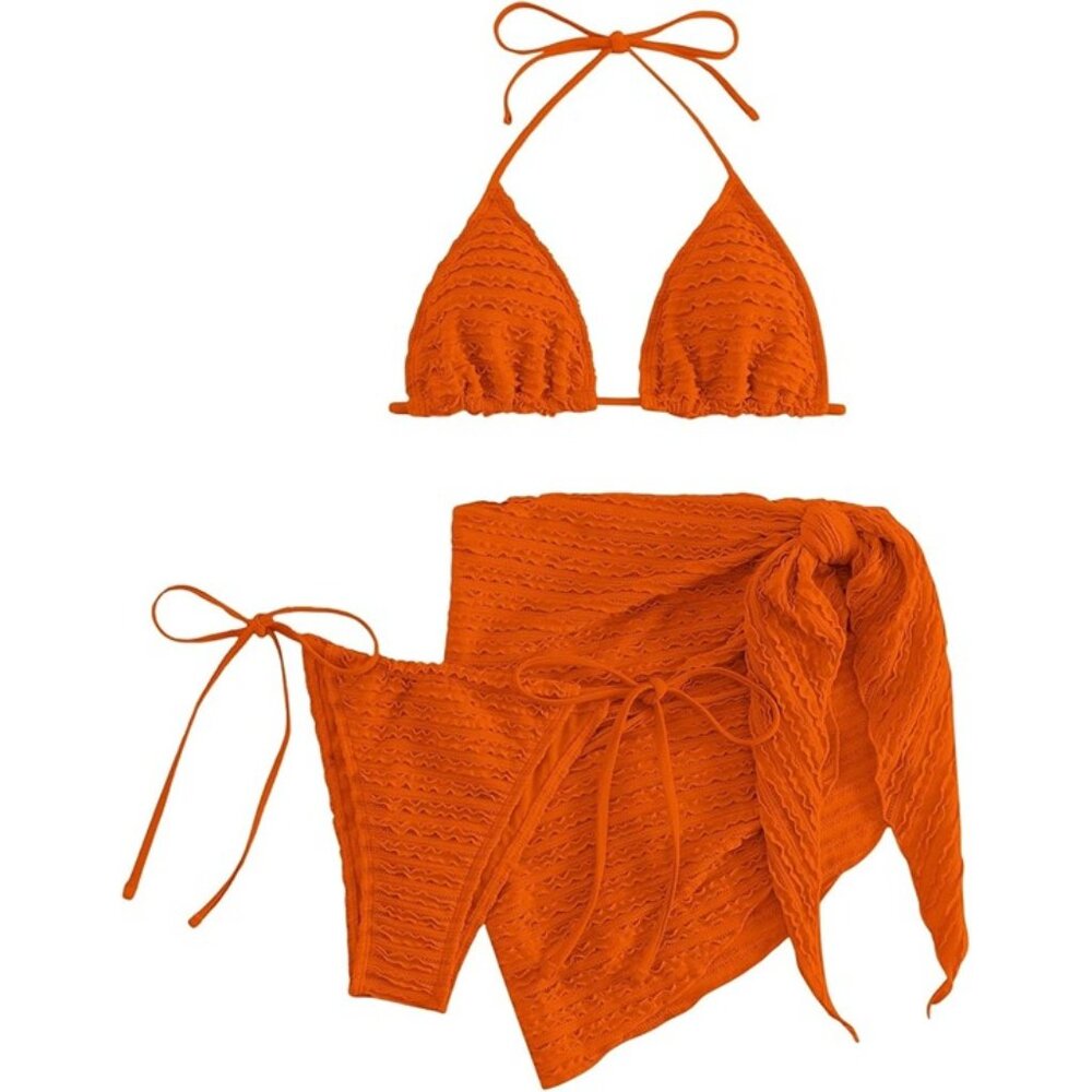 Women's 3 Piece Swimsuit Halter Triangle String Bikini Set Orange LARGE
